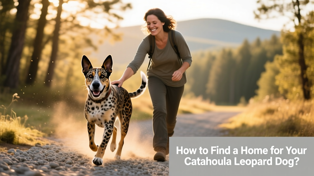 A happy Catahoula Leopard Dog trotting alongside her new owner on a gravel trail, both relaxed and connected
