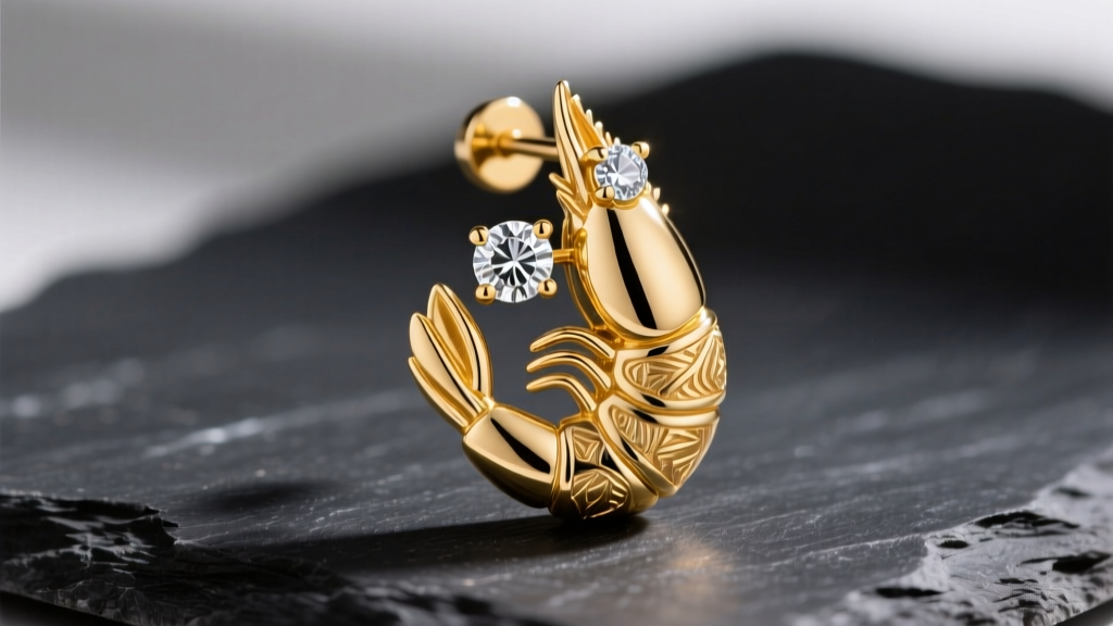 Macro shot of a 14k yellow gold shrimp drop earring with detailed abdominal segments and diamond eyes resting on dark slate.