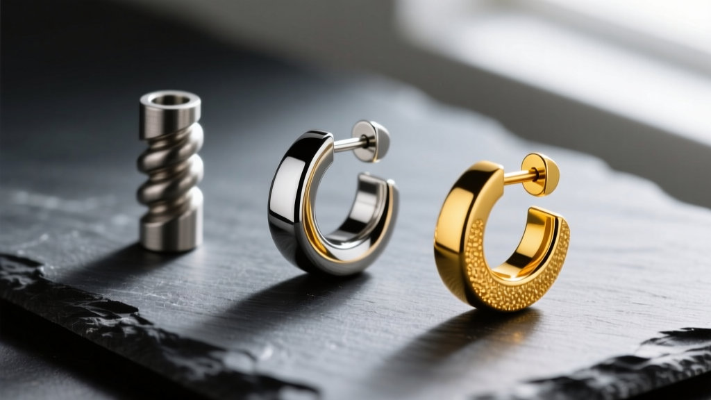 Macro shot of three helix earring posts on dark slate: a dull steel post, a polished titanium post, and a solid yellow gold post.