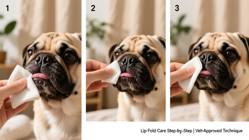 Step-by-step visual guide showing proper lip fold cleaning technique using a soft cloth and medicated wipe