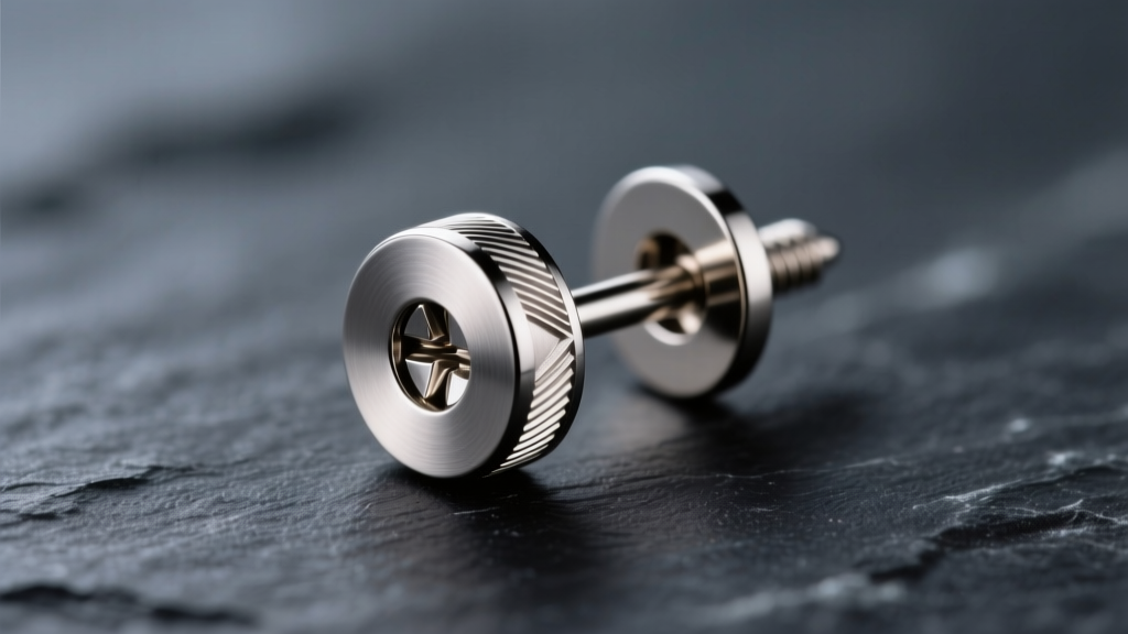 Macro shot of a Grade 5 titanium earring post with a threaded screw-back, highlighting precision CNC machining on dark slate.