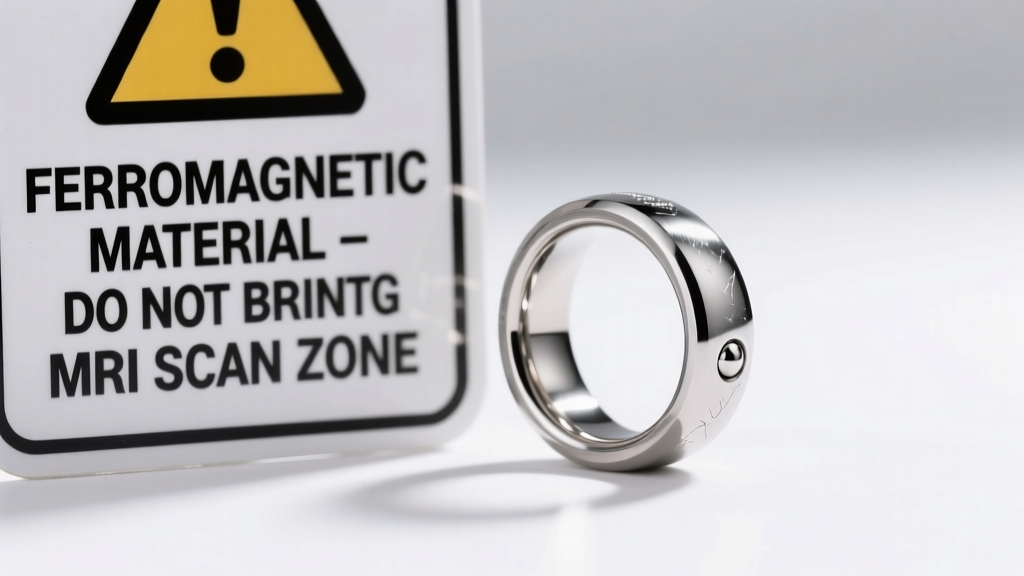 Warning sign beside a 16-gauge stainless steel captive bead ring, highlighting ferromagnetic risks of steel near MRI scanners.