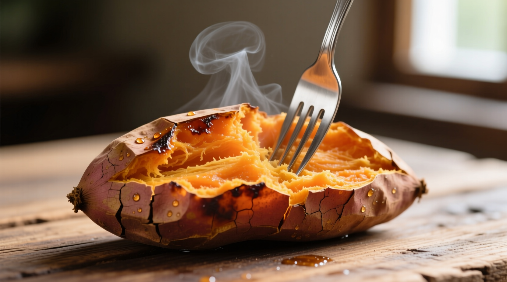 Freshly cooked sweet potato with fork showing texture