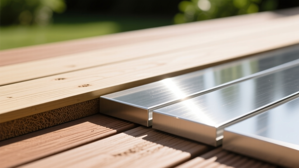Close-up of capped composite decking boards beside pristine aluminum planks, highlighting texture differences in bright sunlight