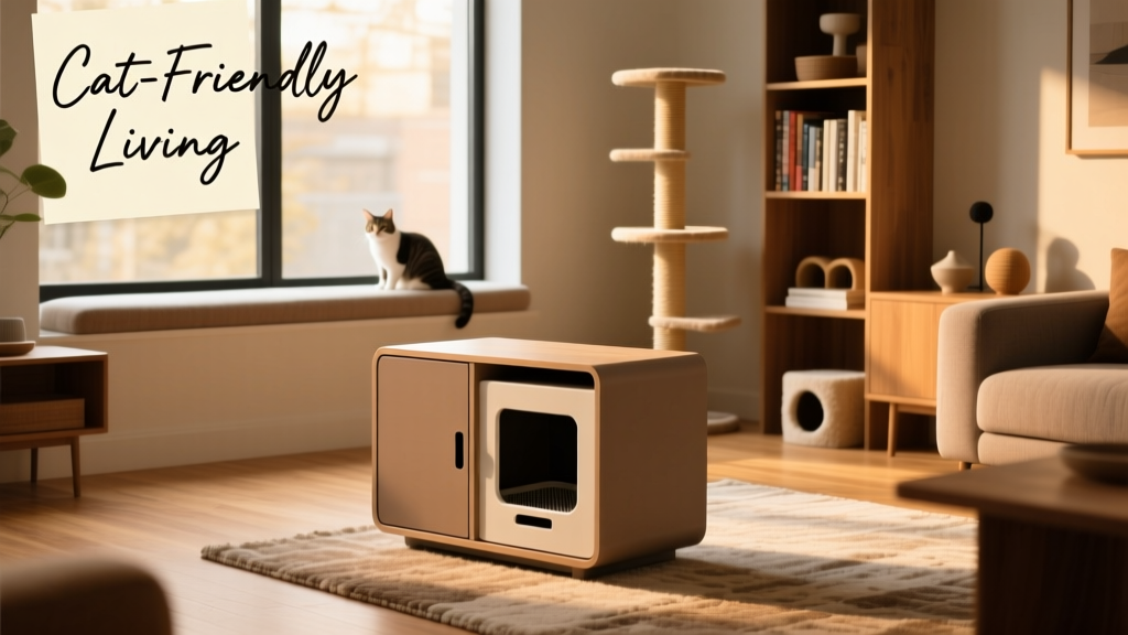 A sleek end-table-style litter box unit blending seamlessly into a modern studio apartment