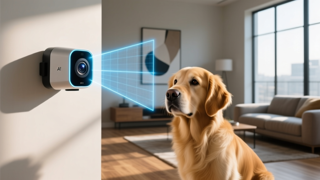 An AI-powered pet camera mounted on a wall, projecting a laser grid to map the living room while a golden retriever looks curiously at the lens.