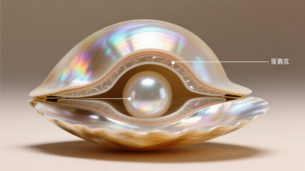 Cross-section diagram of a mabe pearl showing the outer nacre dome, epoxy resin filler, and flat mother-of-pearl backing plate.