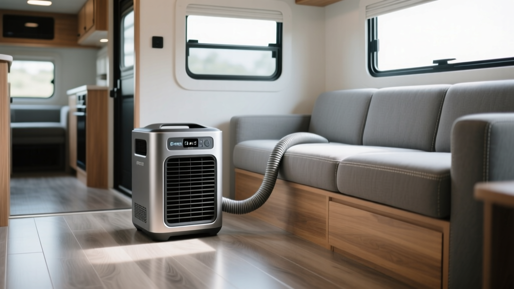 EcoFlow Wave 2 portable air conditioner on laminate floor of RV living room next to grey sofa with exhaust hose routed out window
