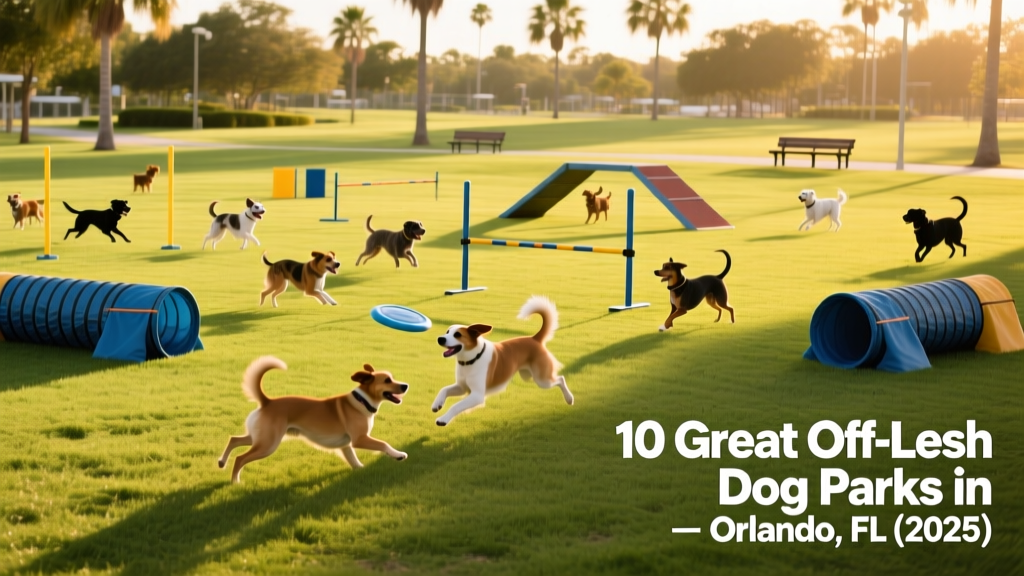 A sunny, open dog park with grassy areas, agility equipment, and dogs playing freely