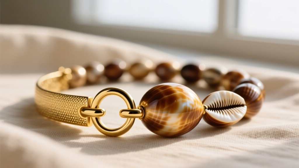 Detail view of a brushed 14k yellow gold T-bar toggle clasp securing a chunky cowrie shell bead necklace against soft linen