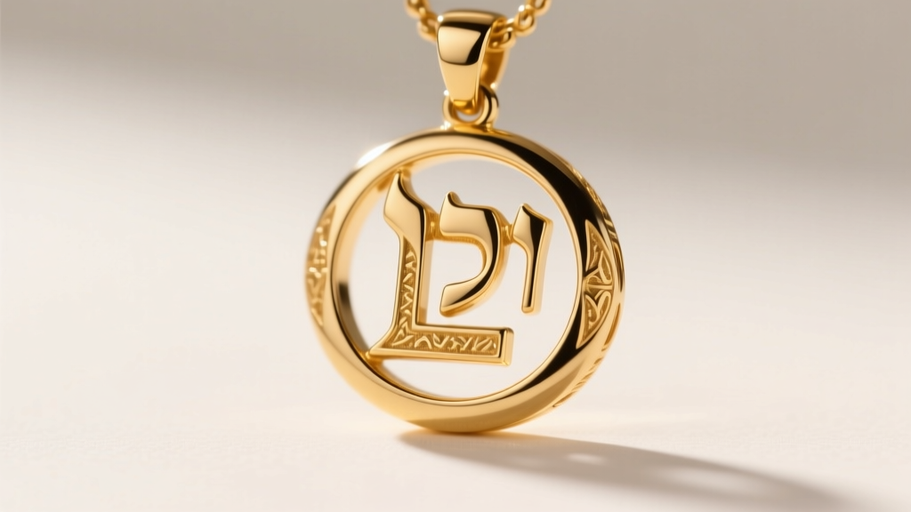 Close-up of a polished 14k yellow gold pendant with delicate Hebrew L'chaim calligraphy resting on cream silk fabric background
