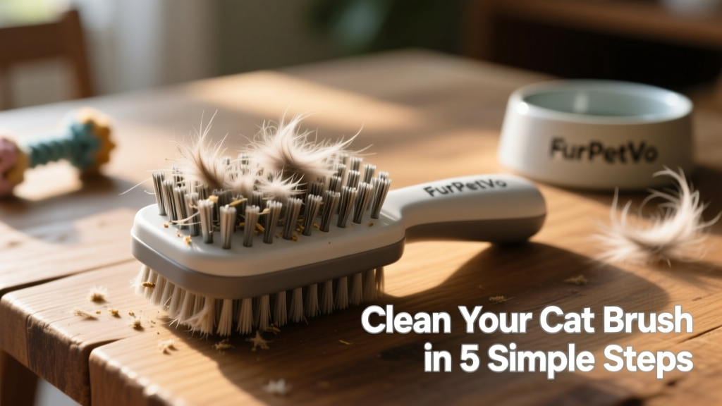 Close-up of a FurPetVo cat brush with visible trapped fur and dander