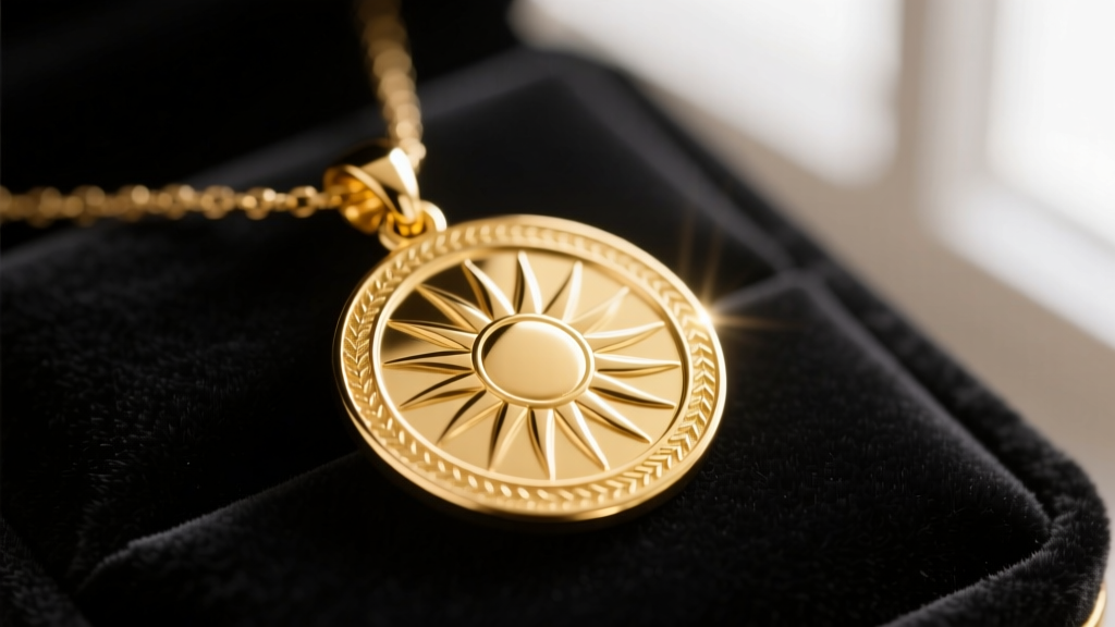 Macro shot of a 14k yellow gold necklace medallion with hand-engraved sunburst motif on dark velvet under soft light.