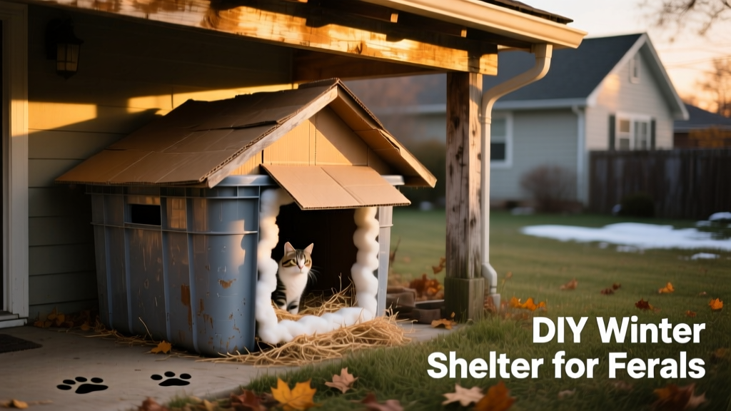 A sturdy DIY cat shelter made from a plastic tote, placed discreetly under a porch overhang
