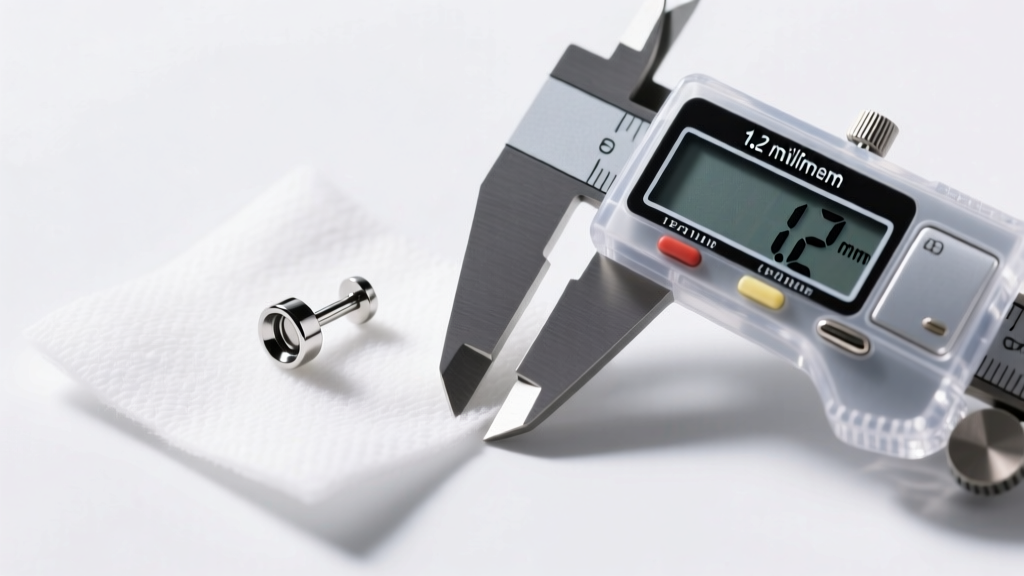 Titanium labret stud on sterile gauze next to a digital caliper measuring 1.2 millimeters under bright, clean clinical lighting