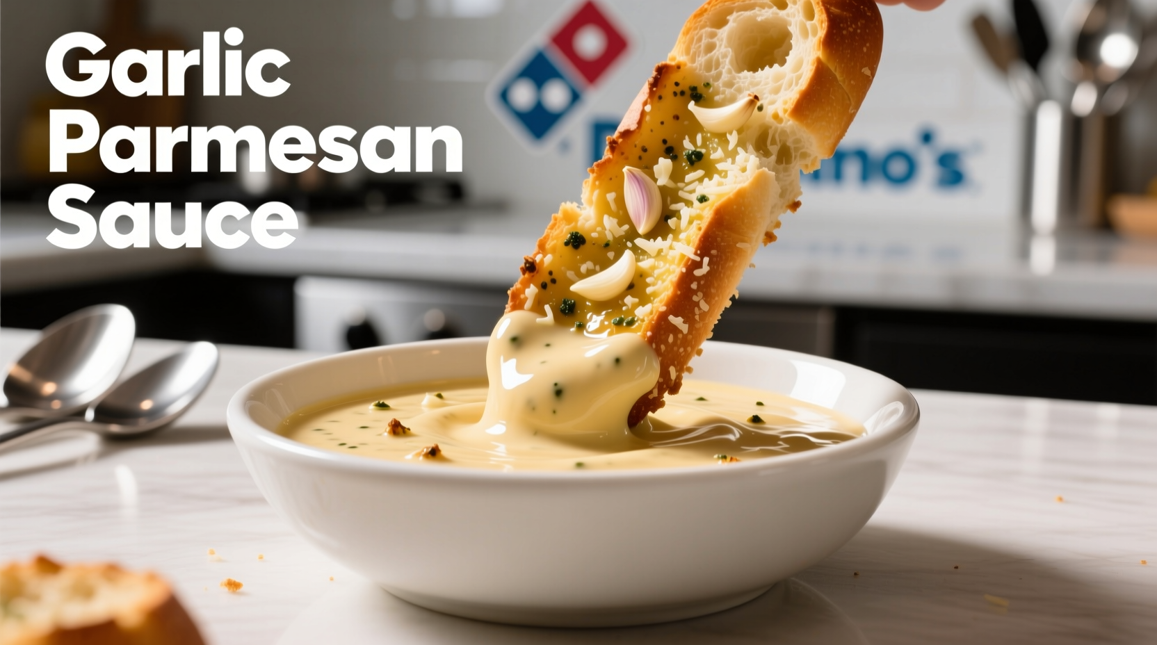Domino's garlic parmesan sauce dipping demonstration