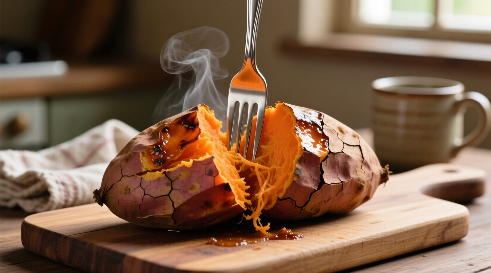 Perfectly baked sweet potato with fork