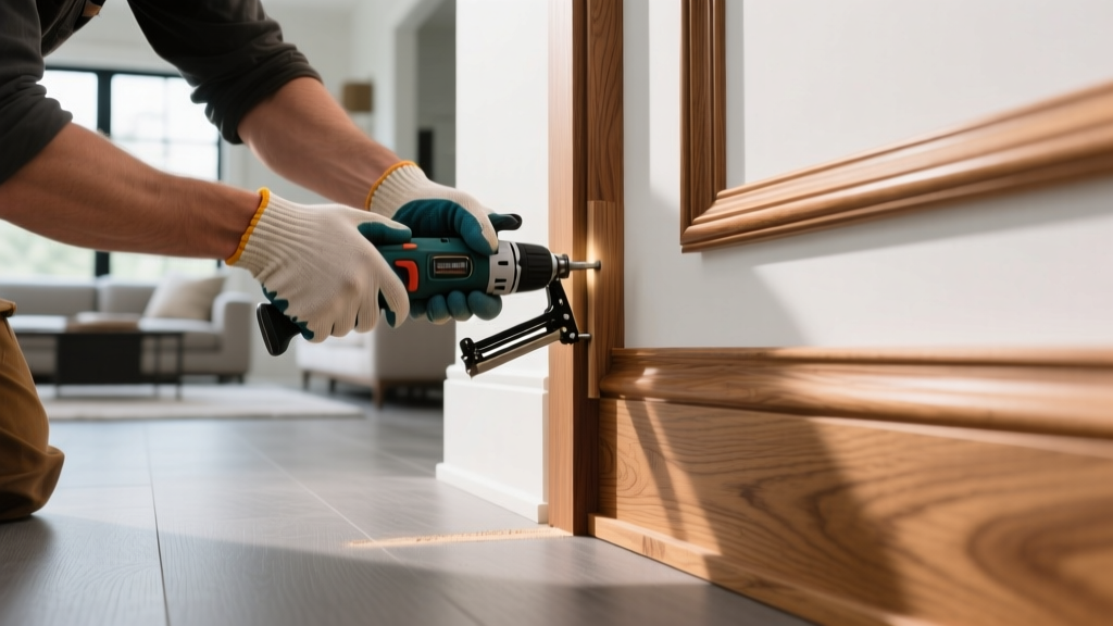 Close-up of a craftsman installing intricate stained oak crown molding and matching baseboards in a modern transitional living room