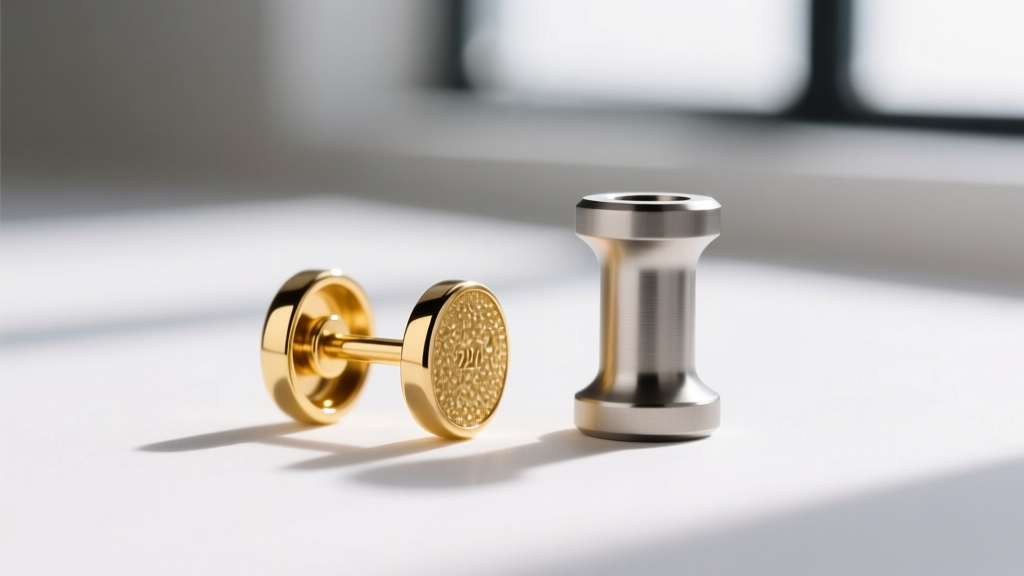 Macro view comparing a 20-gauge 14k yellow gold earring post and a matte niobium post, showing clear color and texture differences.