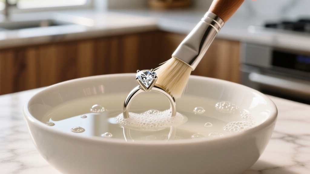Close-up of a diamond ring being gently scrubbed with an extra-soft bristle brush in a ceramic bowl of warm sudsy water