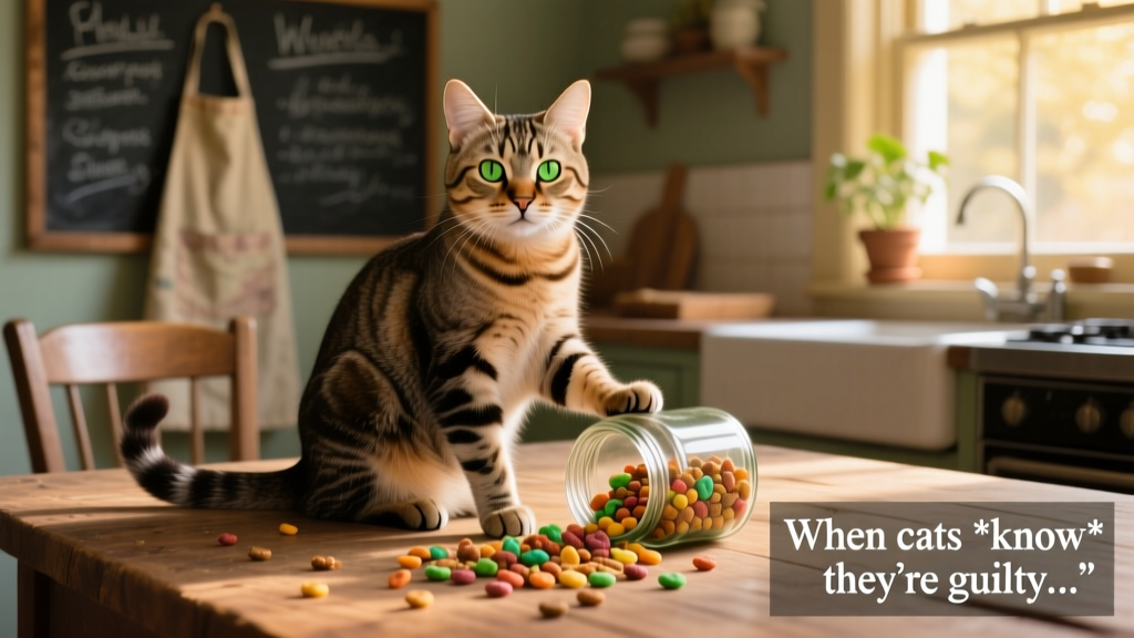 A confident-looking tabby cat sitting calmly beside a toppled glass jar and scattered treats, gazing directly at the camera