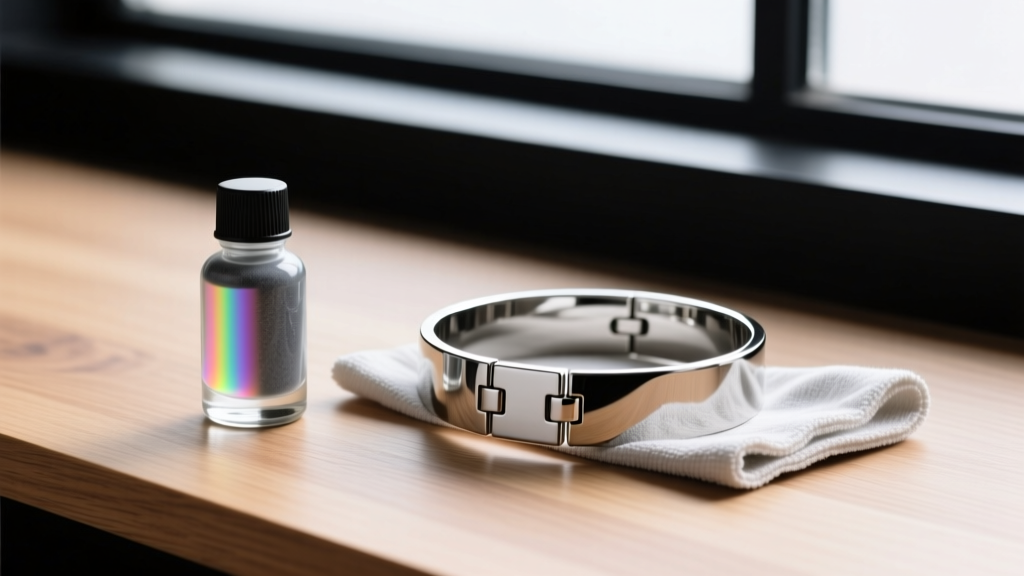 Small glass bottle of dry graphite lubricant and microfiber cloth next to a stainless steel locking choker collar on wood.