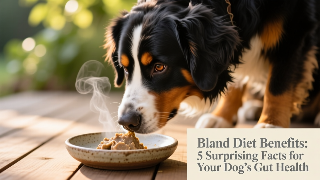 a Bernese Mountain Dog gently sniffing a small portion of plain, moist bland food from a shallow ceramic dish
