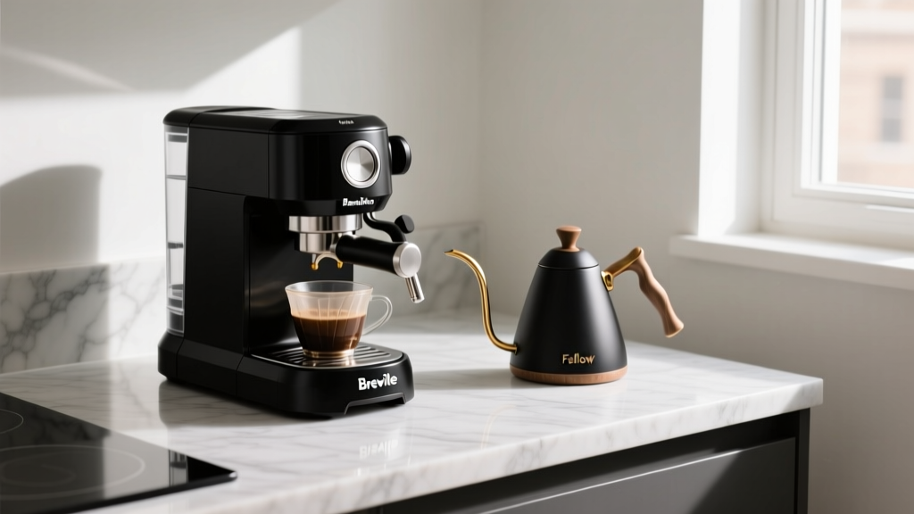 Matte black Breville Bambino Plus espresso machine and Fellow Stagg kettle on a compact minimalist apartment kitchen quartz countertop