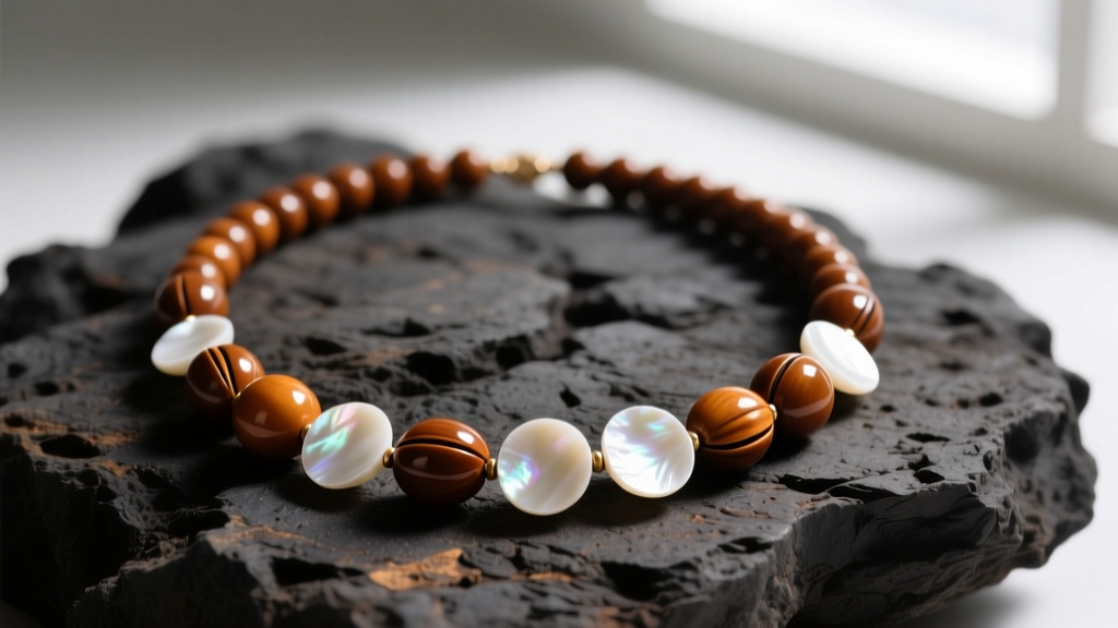 Polished brown kukui nut necklace with white mother-of-pearl shell discs, displayed on dark volcanic rock in soft natural shadows