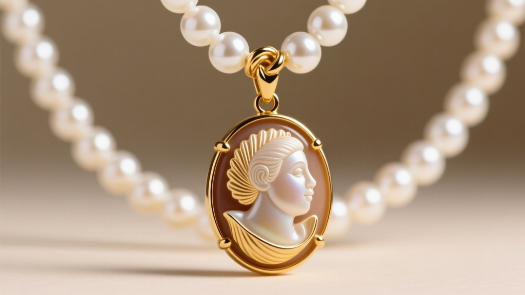 Close-up of a vintage 14k gold cameo pendant featuring a carved shell profile, suspended on a knotted white Akoya pearl necklace.