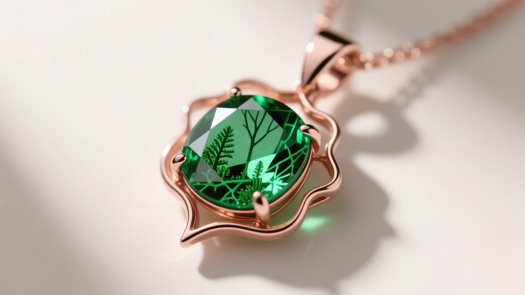 Detailed view of a 1.5-carat Zambian emerald pendant with natural jardin inclusions set in a leaf-shaped 14k rose gold bezel.