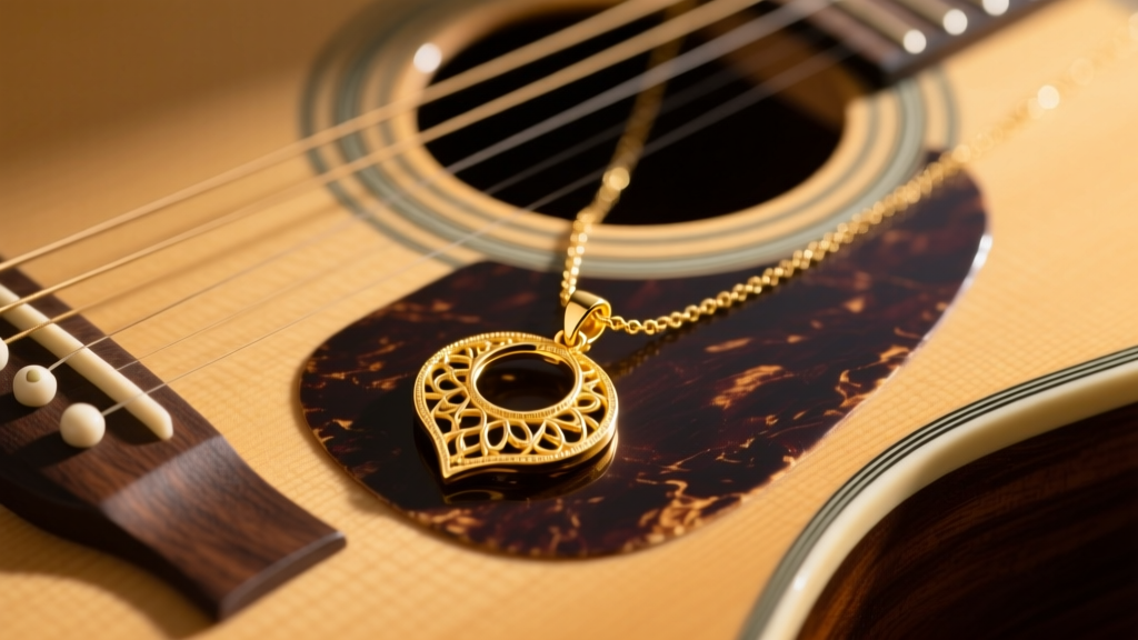 Delicate 14k yellow gold pendant necklace resting on acoustic guitar wood, soft warm studio lighting highlighting polished metal.