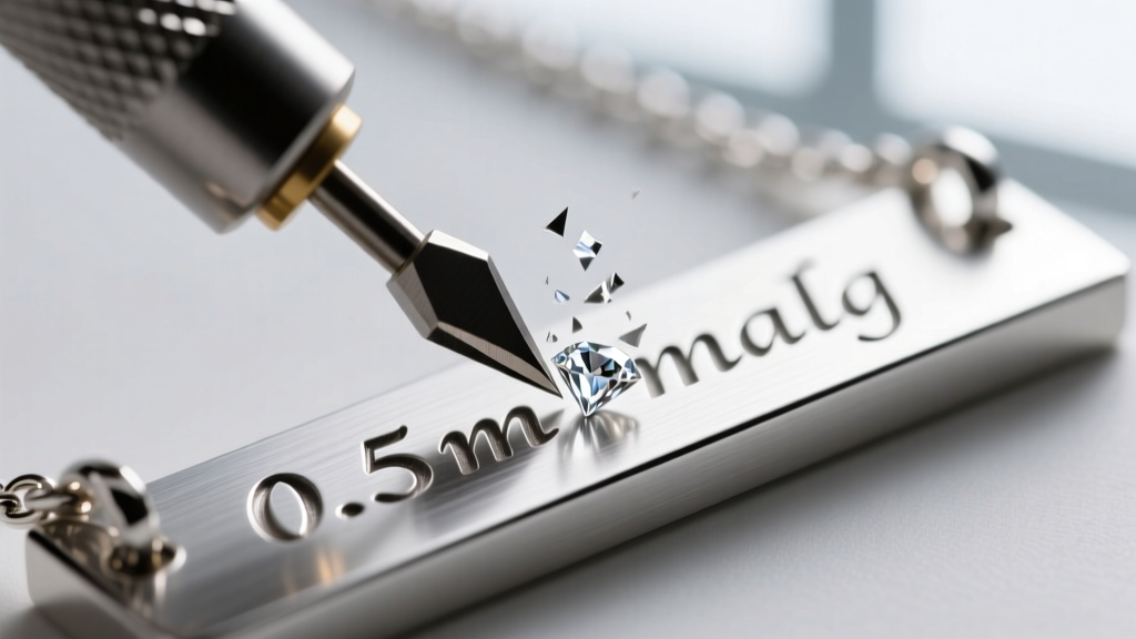 Close-up of a diamond drag rotary engraving tool carving 0.5mm deep serif typography into a brushed sterling silver bar necklace