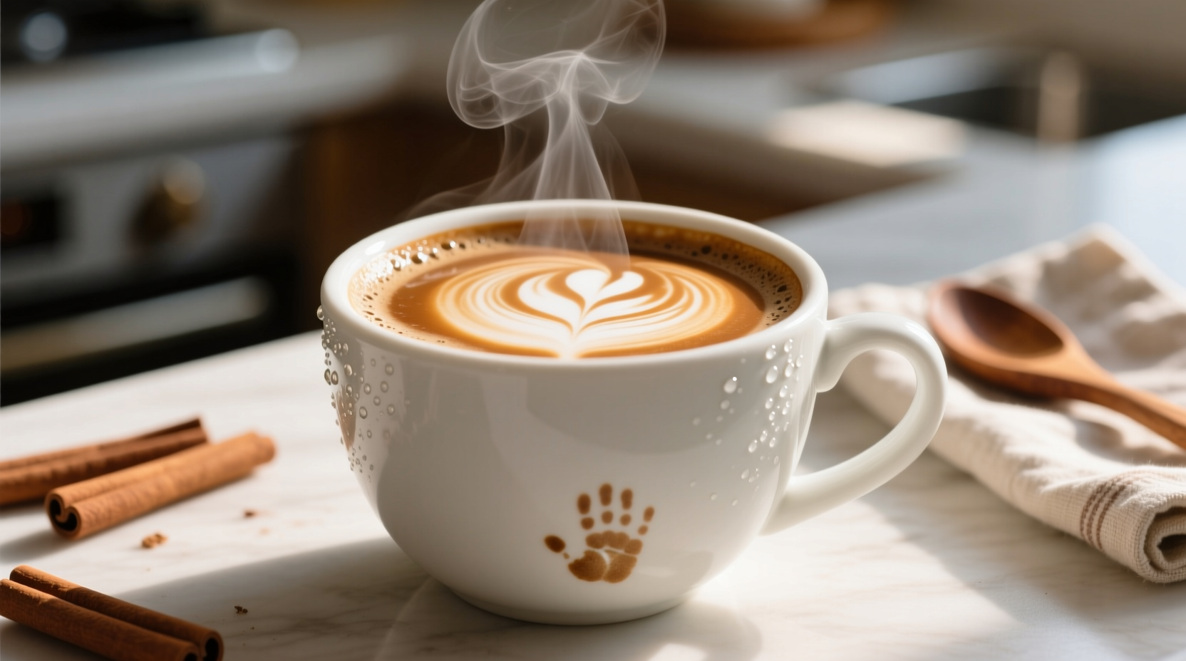 Close-up of steaming mocha in white ceramic cup