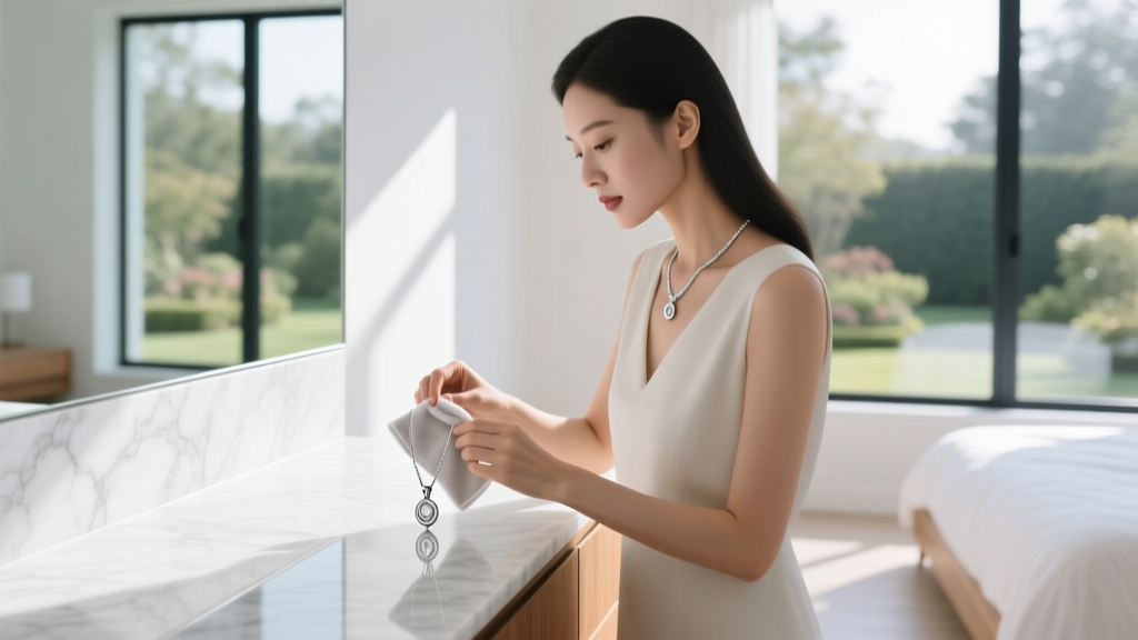 Woman polishing a delicate silver pendant necklace with a microfiber cloth on a bright white marble vanity in a sunlit room