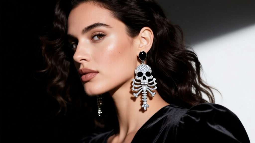 Model wearing ornate silver-tone Betsey Johnson skeleton dangle earrings with black enamel accents on dark velvet