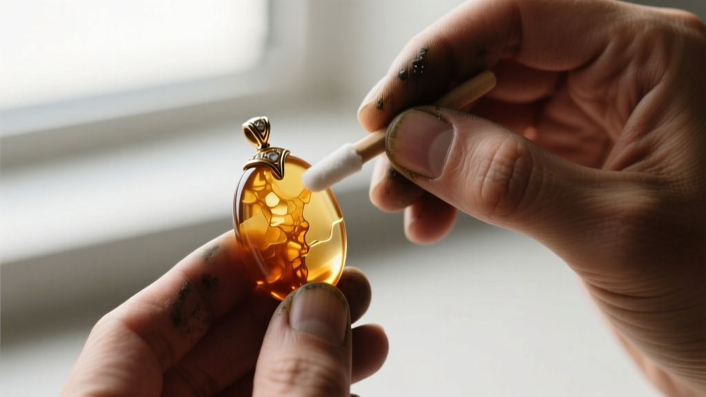Close-up of jeweler using acetone swab on copal pendant, revealing slightly tacky, melted resin texture on the polished surface.