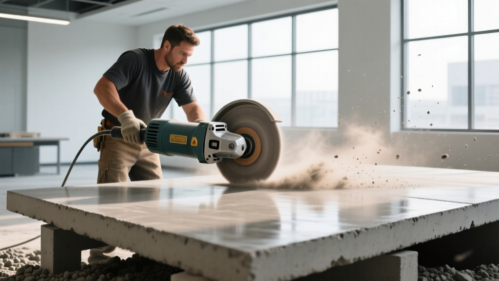 Contractor operating a planetary grinder on a raw cement slab, revealing smooth aggregate for a polished finish in a commercial space.