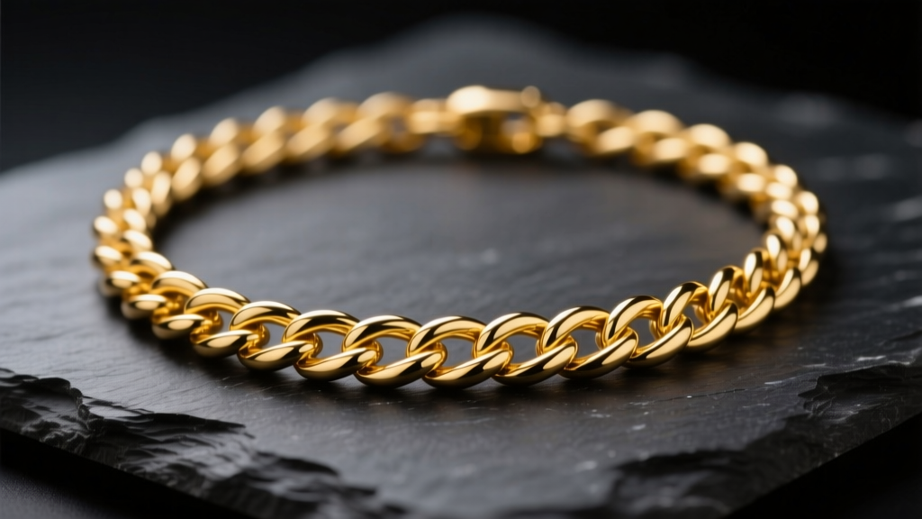 Close-up of an elegant 18k yellow gold rope chain necklace resting on a dark slate surface, illuminated by soft studio lighting