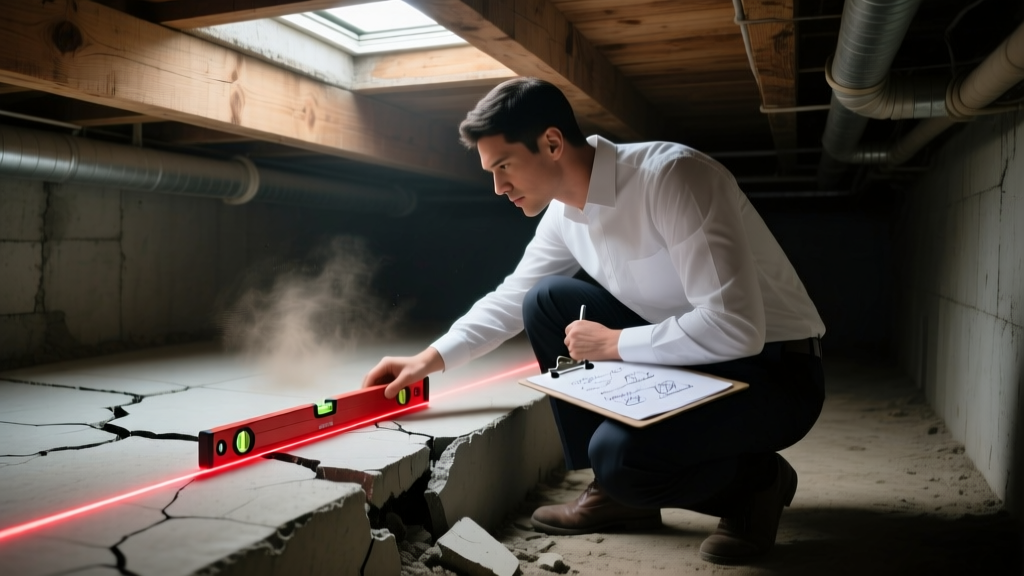 Structural engineer inspecting a cracked concrete slab foundation with a laser level and clipboard in a dimly lit crawl space