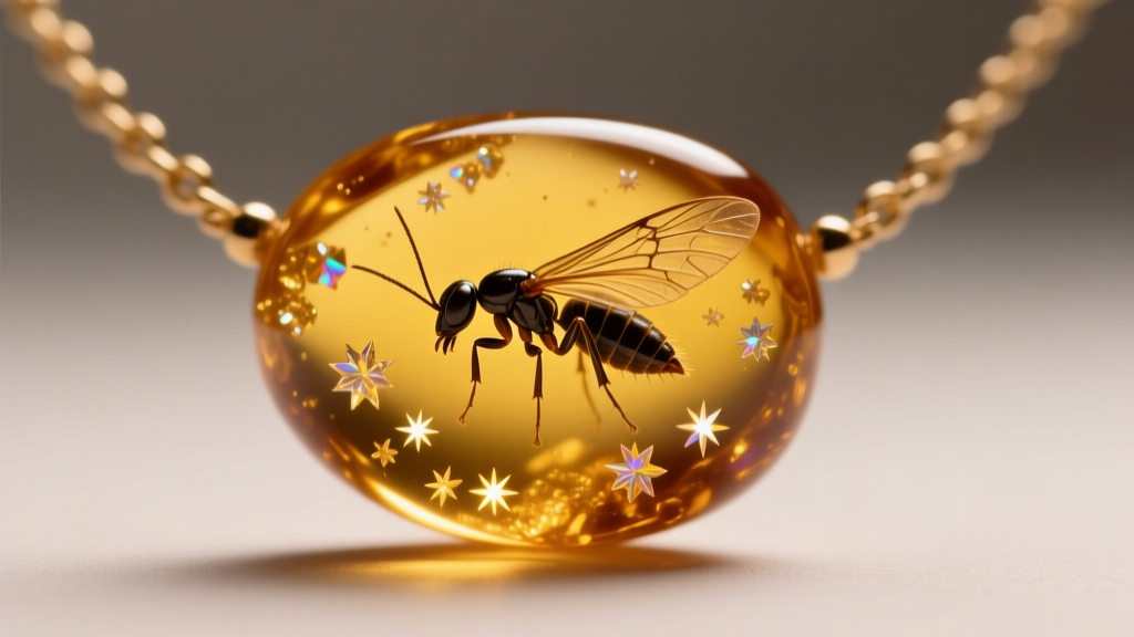 Macro shot of a genuine Baltic amber necklace bead revealing a tiny prehistoric gnat inclusion and natural golden sun spangles.
