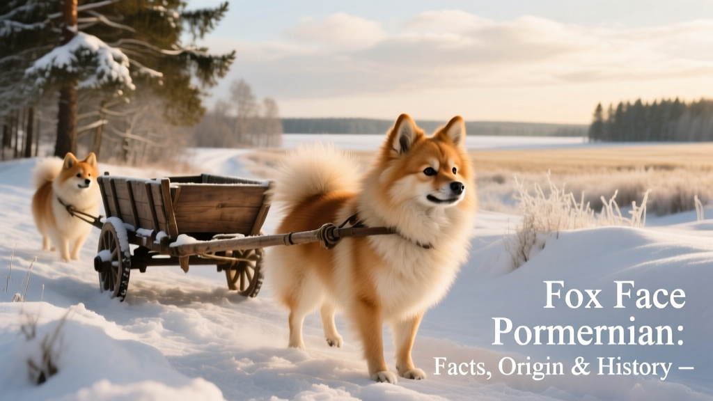 Historical illustration of early Pomeranian-type spitz dogs in snowy Pomeranian landscape, pulling small carts