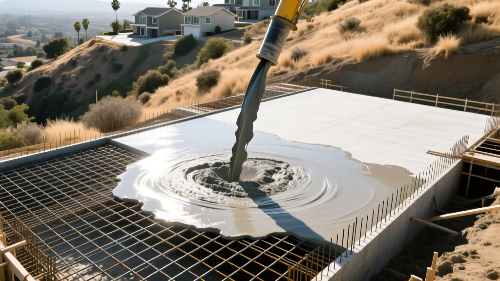 Aerial view of a post-tensioned concrete slab foundation being poured over a grid of steel rebar in a residential Anaheim hillside construction site.