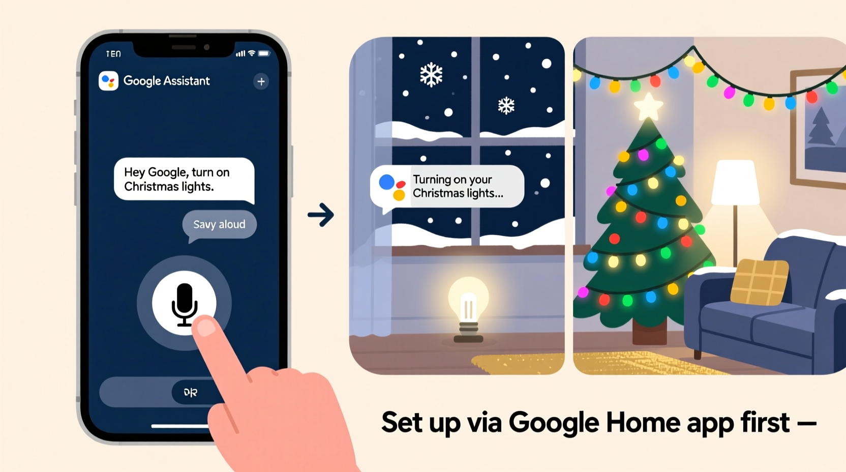 how to use google assistant to turn on christmas lights remotely step by step