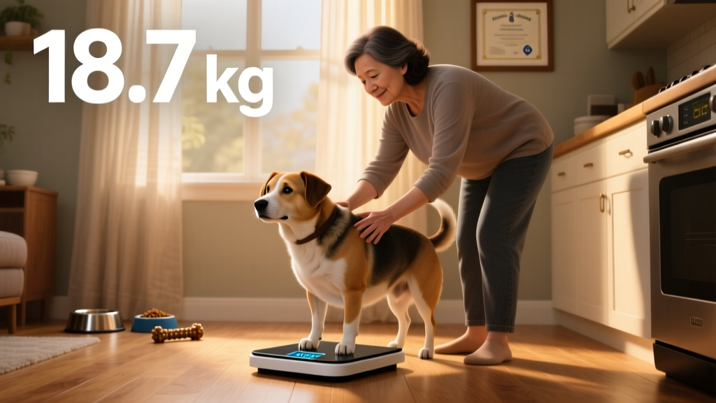 A person gently placing a medium-sized dog on a digital pet scale in a home setting