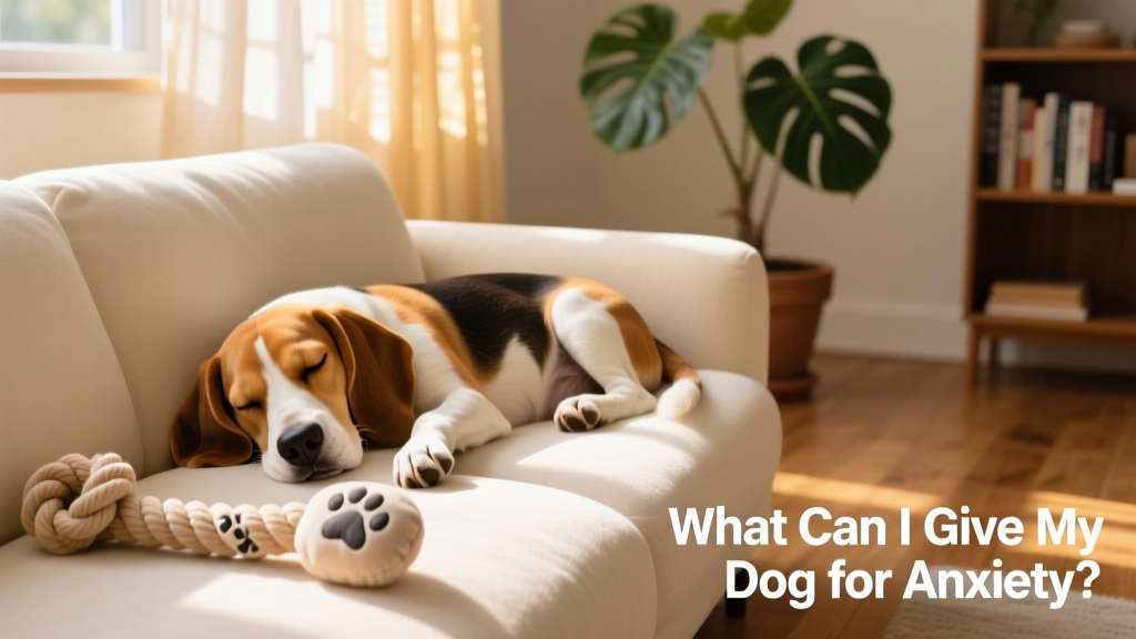 a relaxed beagle sleeping on a sofa with a soft comfort toy nearby