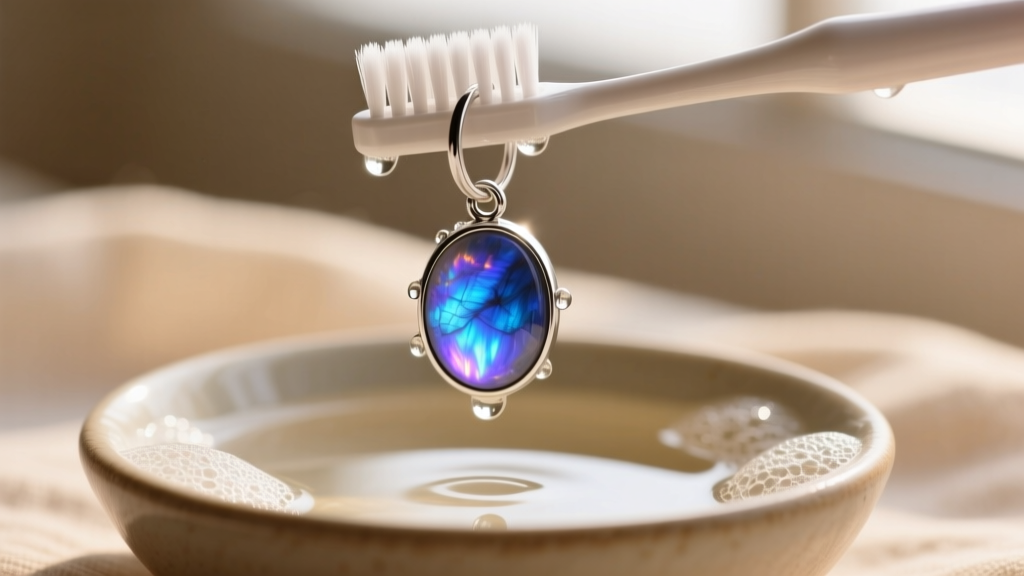 Soft toothbrush scrubbing a vibrant blue-flash labradorite cabochon in a silver hoop earring over a bowl of warm soapy water.