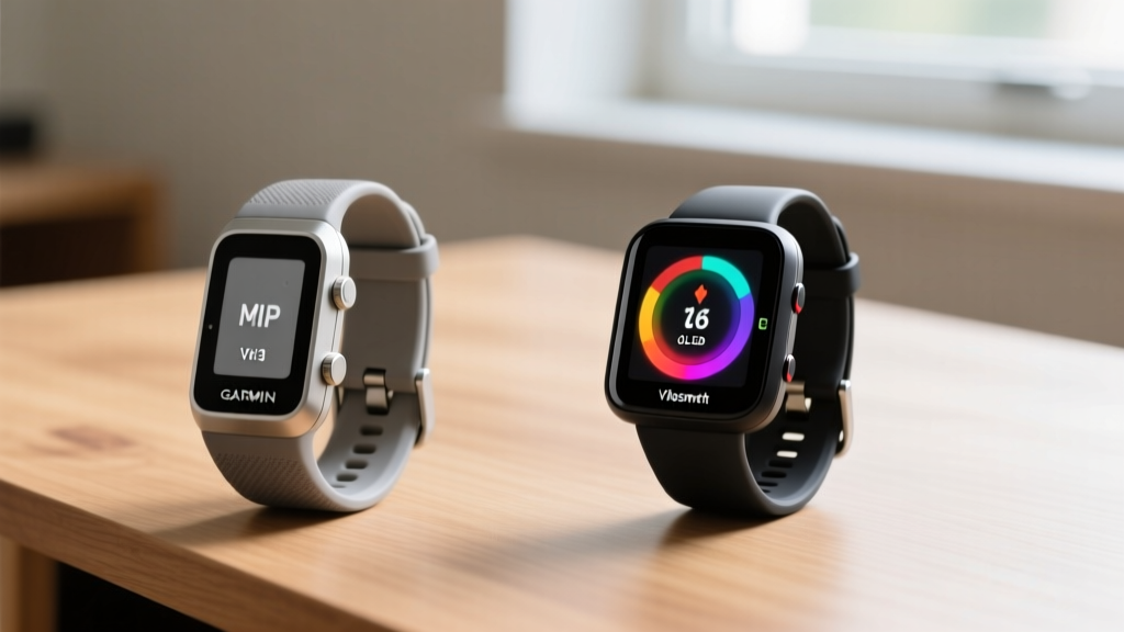 Side-by-side comparison of the vintage Garmin Vivofit 3 MIP screen next to the modern Vivosmart 6 vibrant OLED interface on a wooden desk