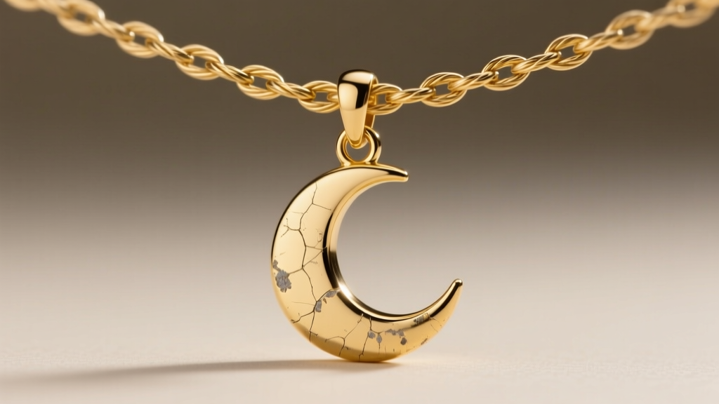 Macro shot showing friction wear on a gold vermeil moon pendant bail where it connects to a delicate 18-inch cable chain.