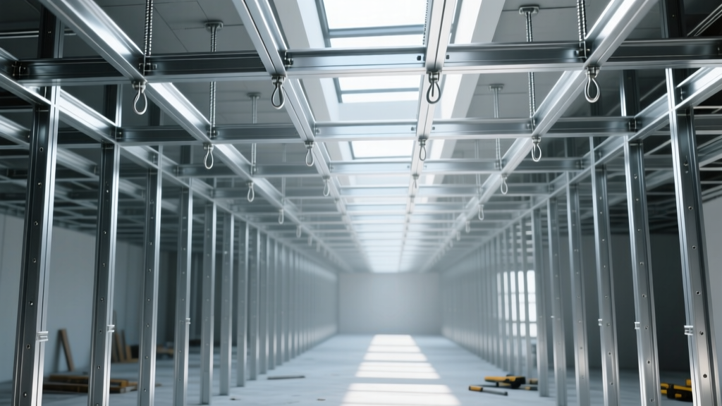 Close-up of galvanized steel furring channels and hanger wires forming a suspended drywall ceiling grid in a commercial construction site